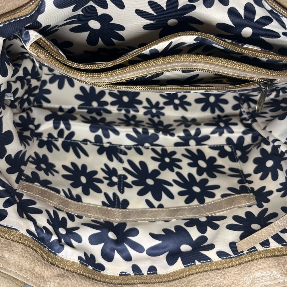 Nino Bossi Genuine Leather Taupe Tote Bag Floral Lined Shoulder Purse - Picture 9 of 11